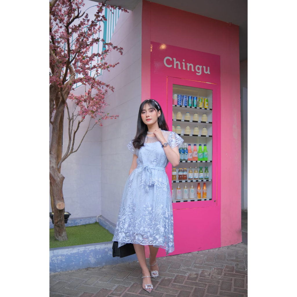 Ken-184 Dress Kondangan graduation Pesta Dress Wanita Mewah A-Line Korean Look Style Full Brukat with Tali Pinggang