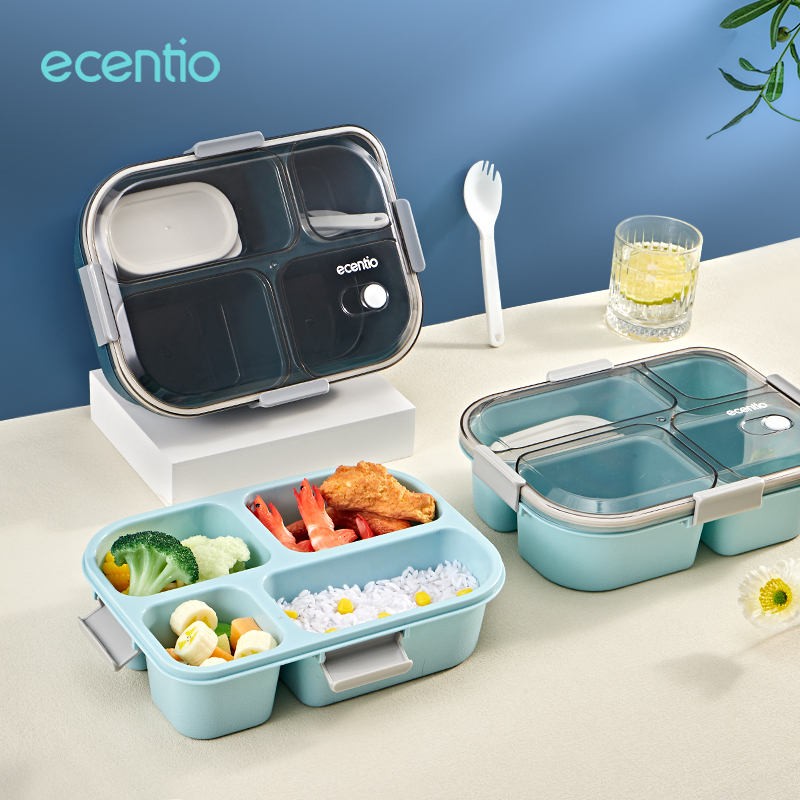 ecentio &amp; FOODI Kotak Tempat Makan set 3/4 Grid tas bekal makanan 850ml/1100ml/1300ml/1550ml kotak sup 100ml/140ml Kotak Sup/Free Sendok