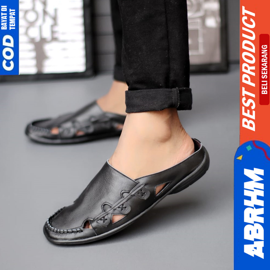 Sepatu Sandal Pria Slop Bustong Kulit Asli Hitam Abrhm Owen