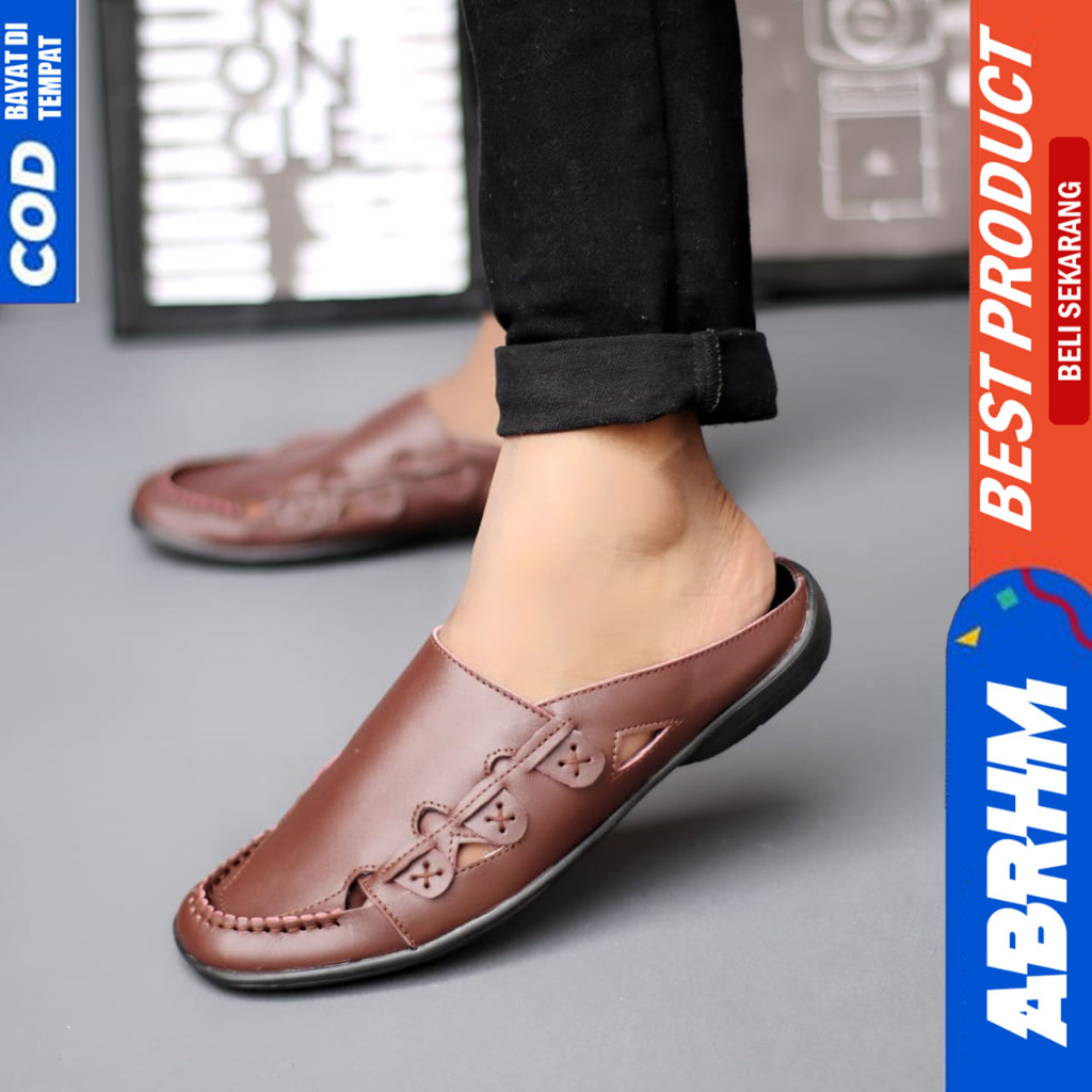 Sepatu Sandal Pria Slop Bustong Kulit Asli Hitam Abrhm Owen