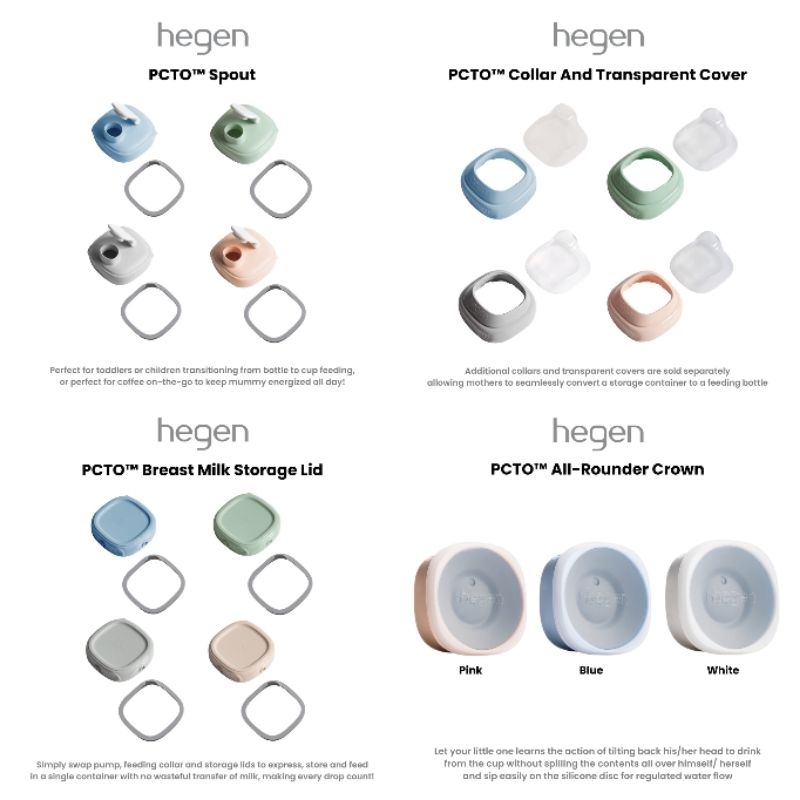 Hegen PCTO™ Spout / Breast Milk Storage Lid / Collar and Transparent Cover / All Rounder Crown Blue Pink Grey White