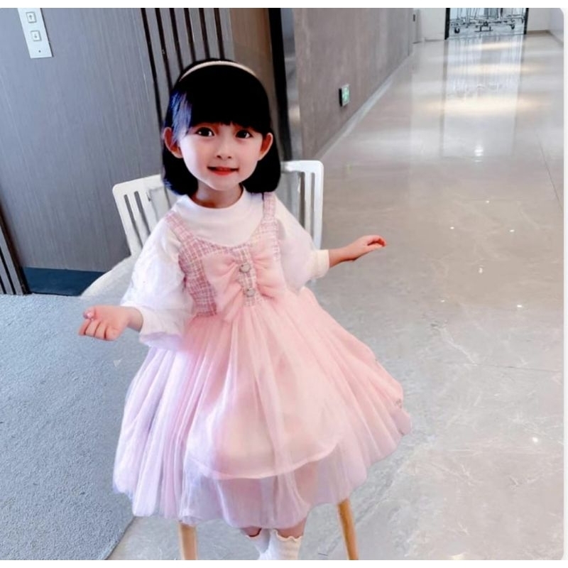 Dress anak import lengan panjang balon tweed tutu
