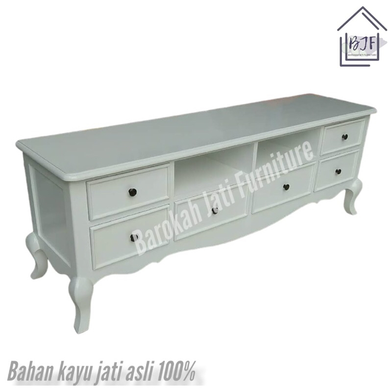 Meja TV duco putih laci minimalis jati