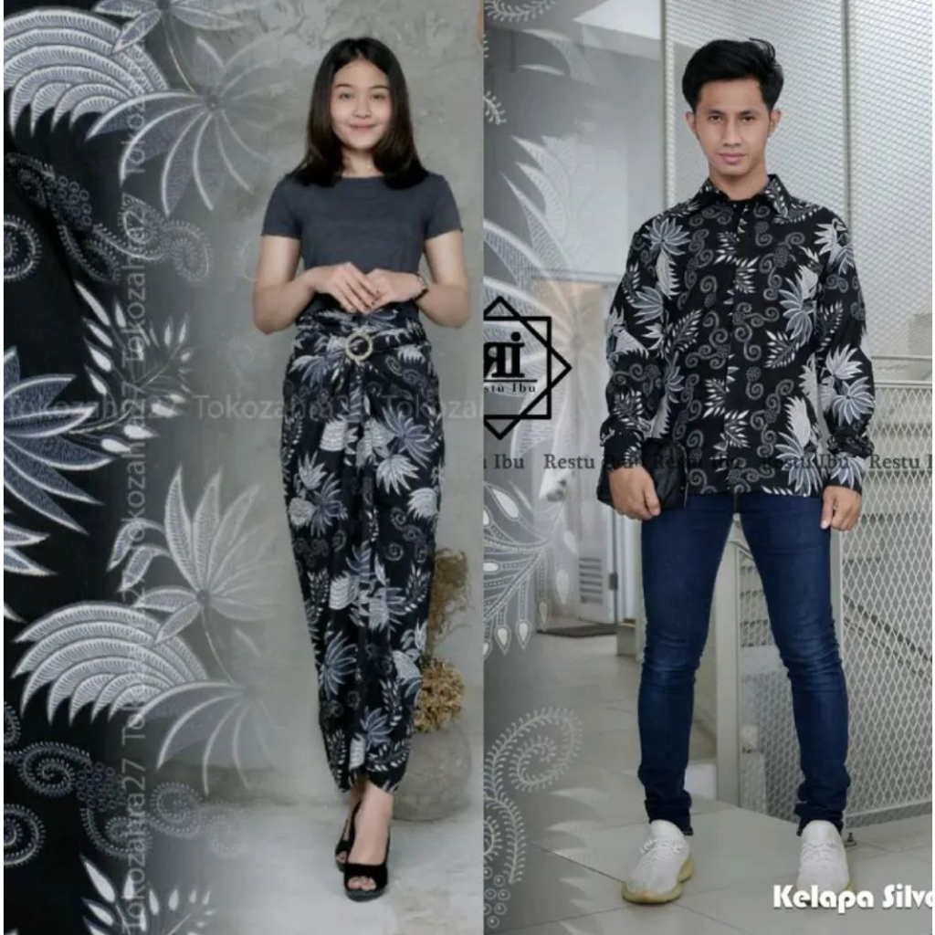 Couple Rok Lilit Dan Kemeja Batik Bahan Premium Tebal Motif Kelapa Silver