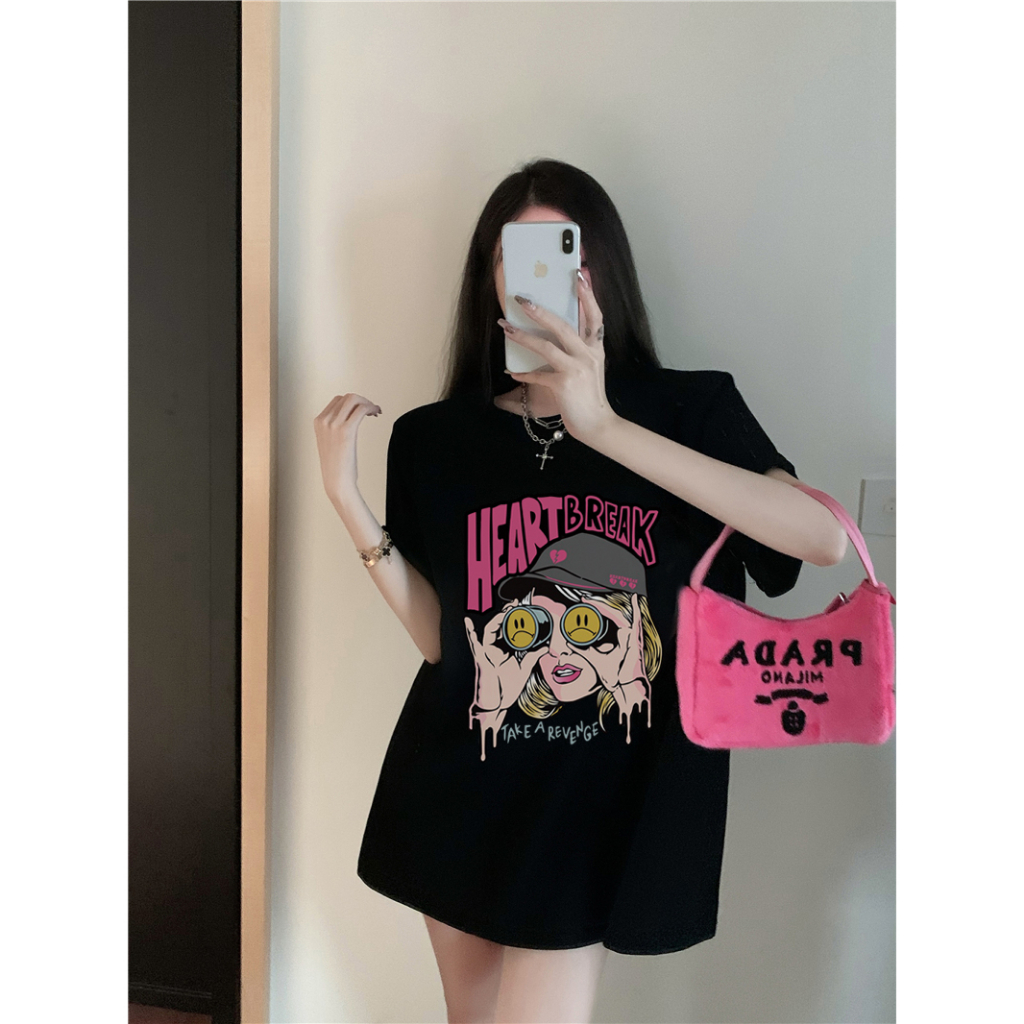 EUNII T-shirt Lengan Pendek Retro Pink Heart Break Korean Style/Kaos Atasan Wanita/Baju Kaus Oversize Wanita/Kaos Wanita