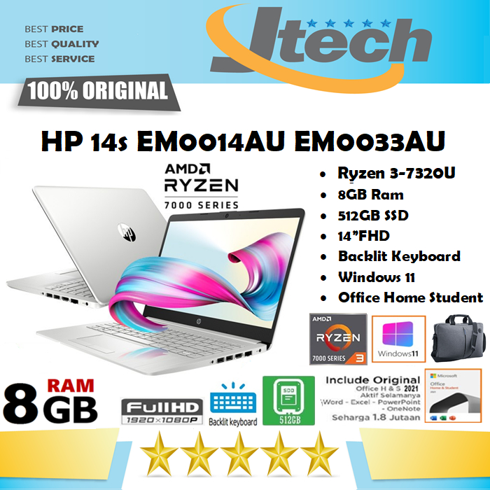 HP 14 EM0014AU EM0033AU EM0032AU - Ryzen 3-7320U - 8GB - 512GB SSD - 14&quot;FHD - WIN11 - OFFICE HOME STUDENT