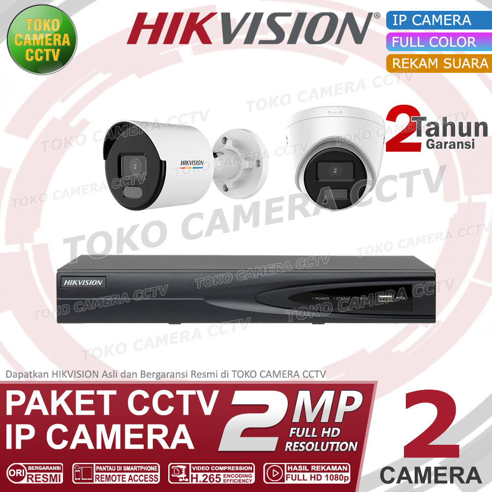 PAKET CCTV IP CAMERA HIKVISION 2MP COLORVU AUDIO 4 CHANNEL 2 KAMERA