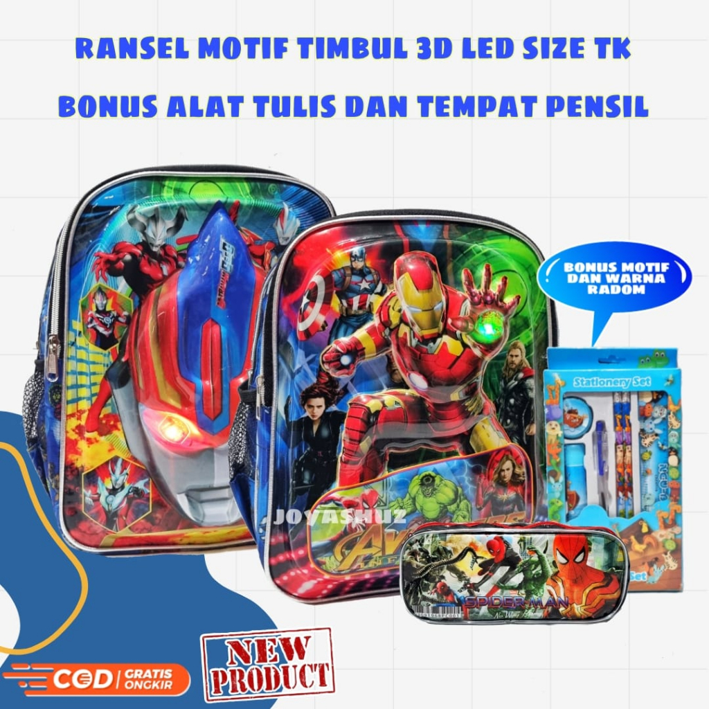 Tas Anak Sekolah Laki-Laki - Ransel Anak 3D LED - Tas Karakter Avangers - Ultraman - Tas Timbul Berbonus - Tas Banyak Bonus