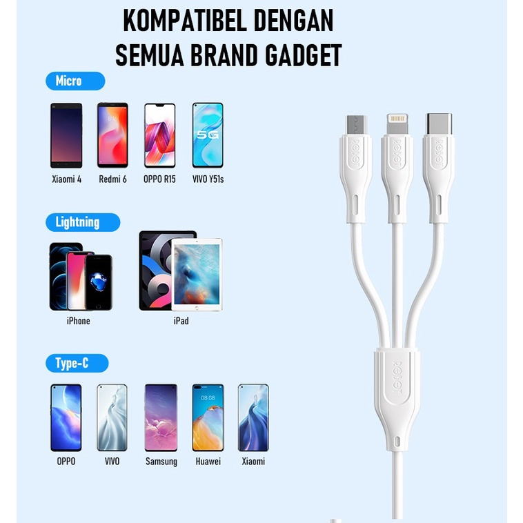 ROBOT RDY120 3in1 Micro USB C Lightning Kabel Cable Fast Quick Charge 3A 1.2M kabel data 3 cabang 120cm micro type-c iphone