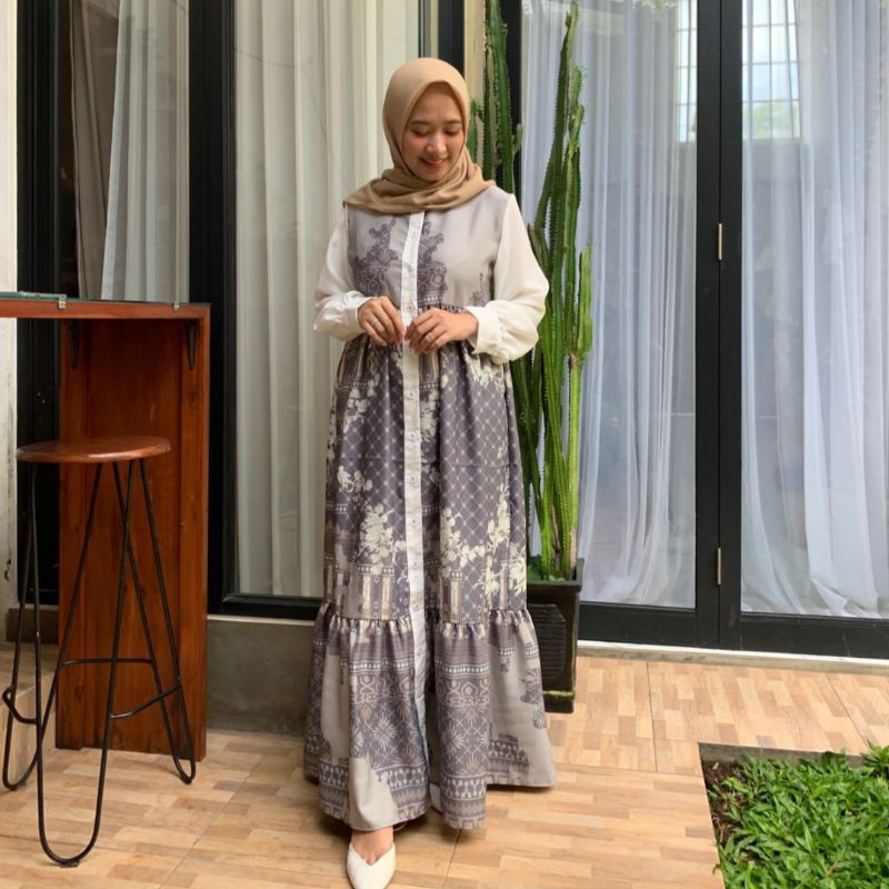 PROMO Dress printing hari raya by Dewihijab Apparel | Gamis lebaran Yassmina hijab Official