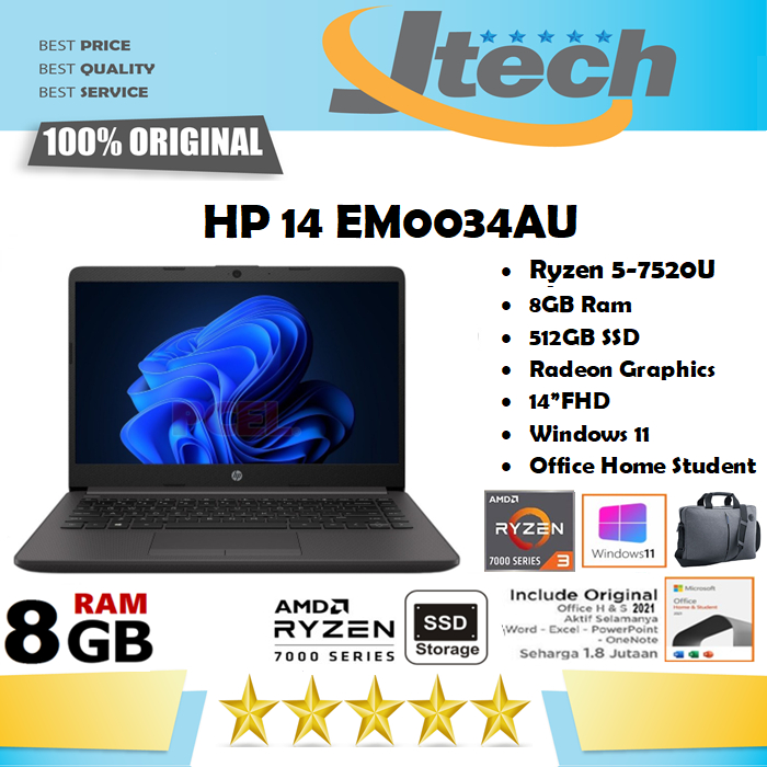 HP 14 EM0034AU - RYZEN 5-7520U - 8GB - 512GB SSD - BACKLIT KB - 14&quot;FHD - WIN11 - OFFICE HOME STUDENT
