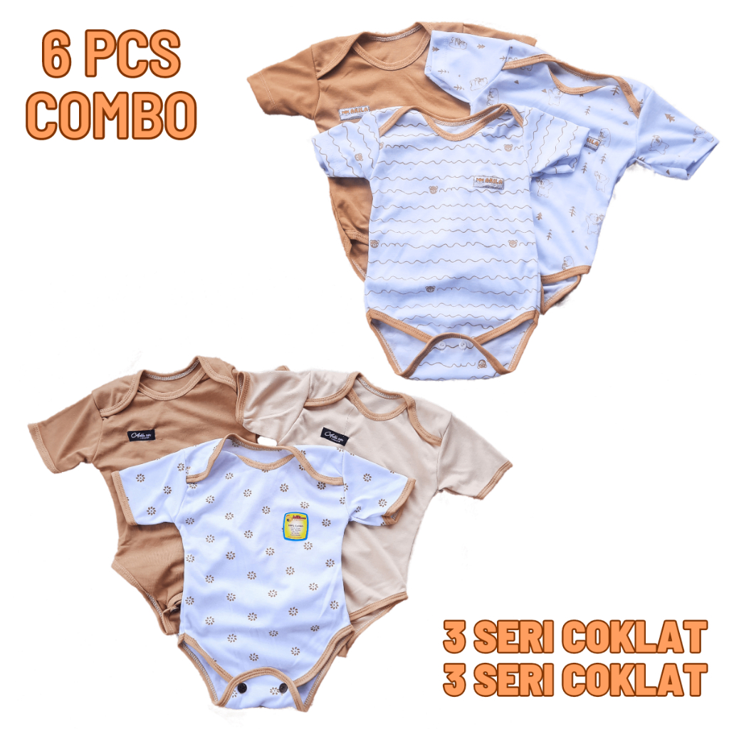 Paket Hemat 6 Potong Jumper Jumpsuit Baju Kodok Lengan Pendek Bayi 0 3 Bulan Kombinasi Polos Motif Bisa COD