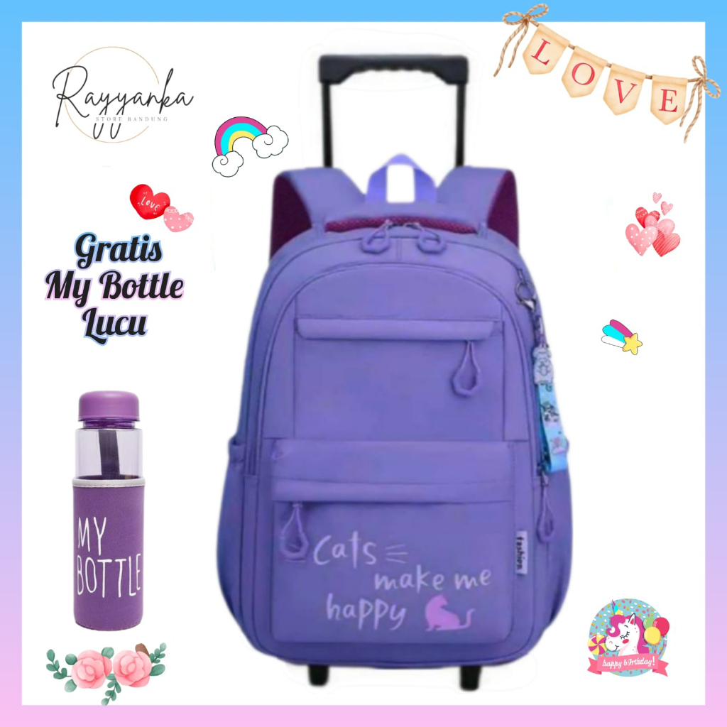 Tas Troli Anak Perempuan Remaja Model Happy Cat Free Botol Minum Untuk Sd Dan Smp
