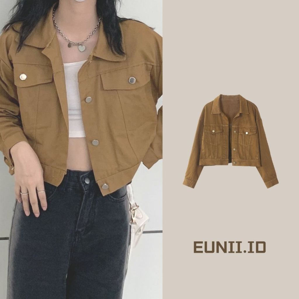 Jaket Denim Wanita Pendek Lengan Panjang Import Korean Style Brown Jacket