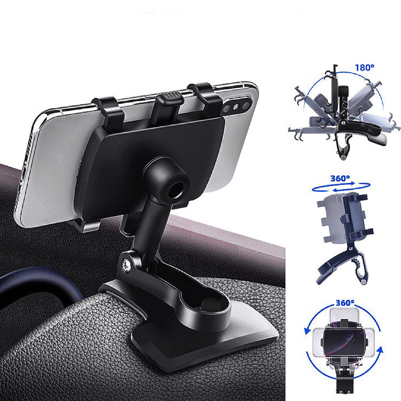 [BISA COD] Holder HP Mobil Jepit Dashboard Stand Sun Visor Desktop 360 Derajat