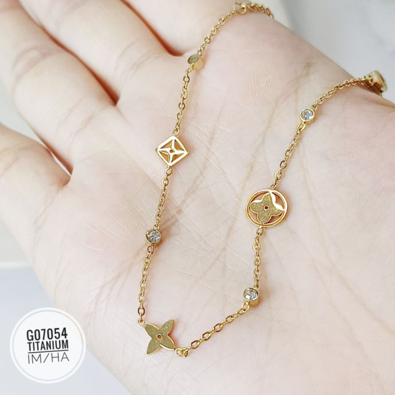 Gelang Titanium rantai bunga tipis simple gold G07054-O