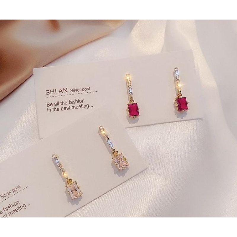 FerenHongXia Anting Tusuk Model Kristal K02 Geometri Gaya Retro Korea