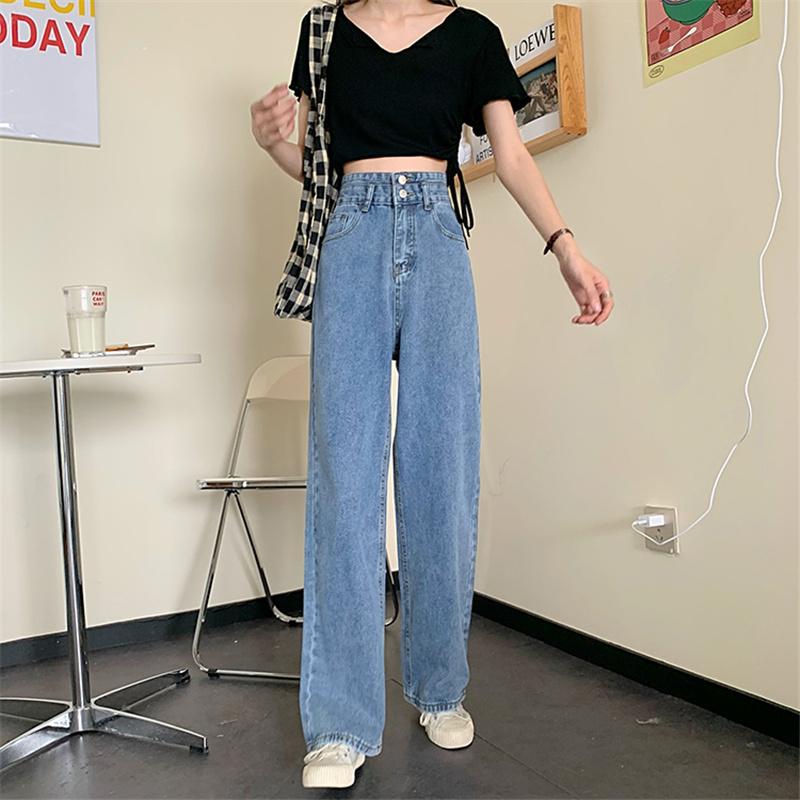 EUNII Celana panjang wanita Loose Celana Jeans Wanita High Waist Straight Jeans Biru Pants Korean Style