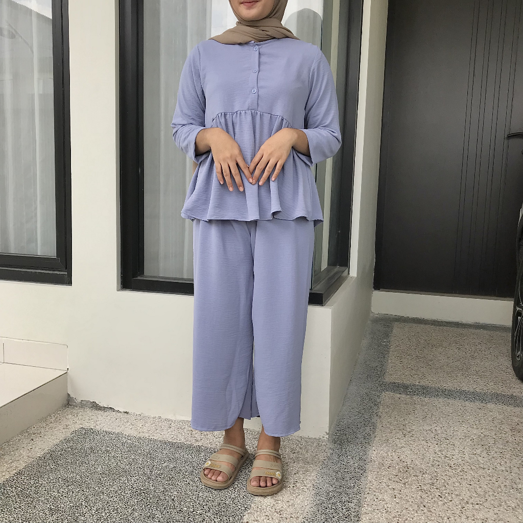 SETELAN BLOUSE KANCING RUFFLE KULOT CRINKLE AIRFLOW | ONESET BLOUSE KULOT CRINKLE MURAH