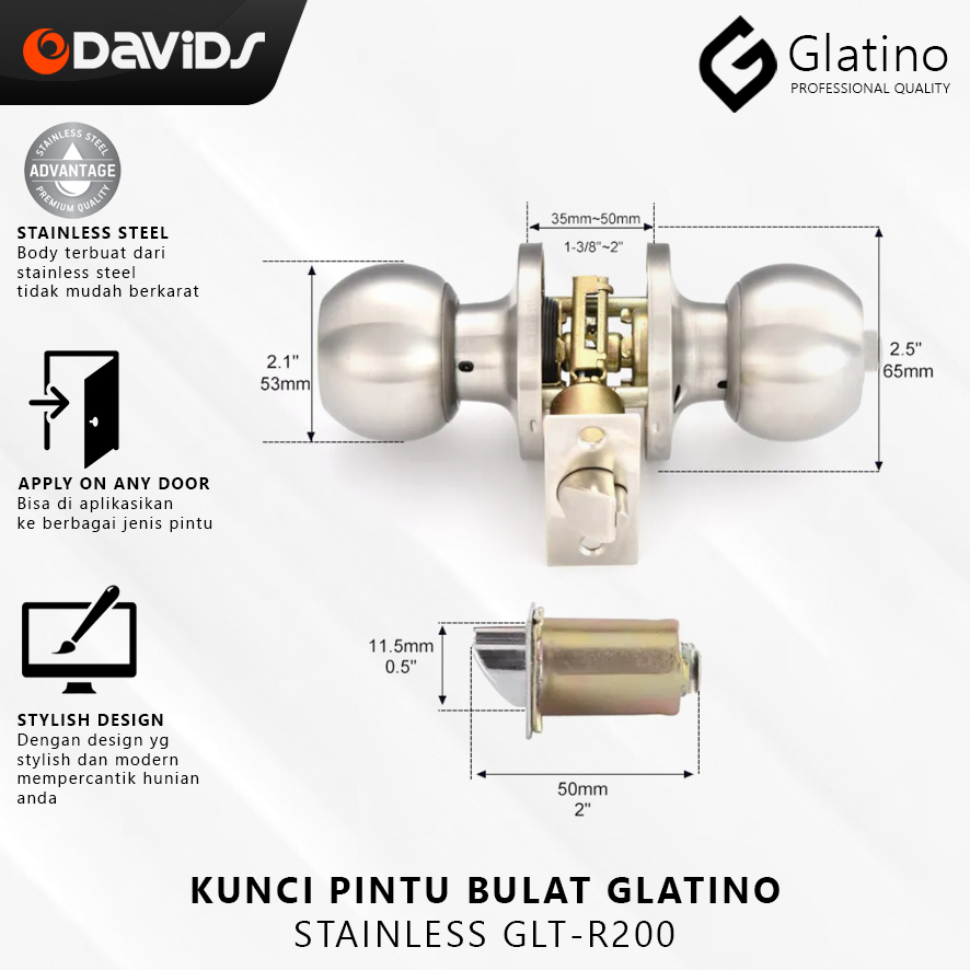 Kunci Pintu Kamar Mandi Rumah Bulat Handle Handel Glatino Stainless