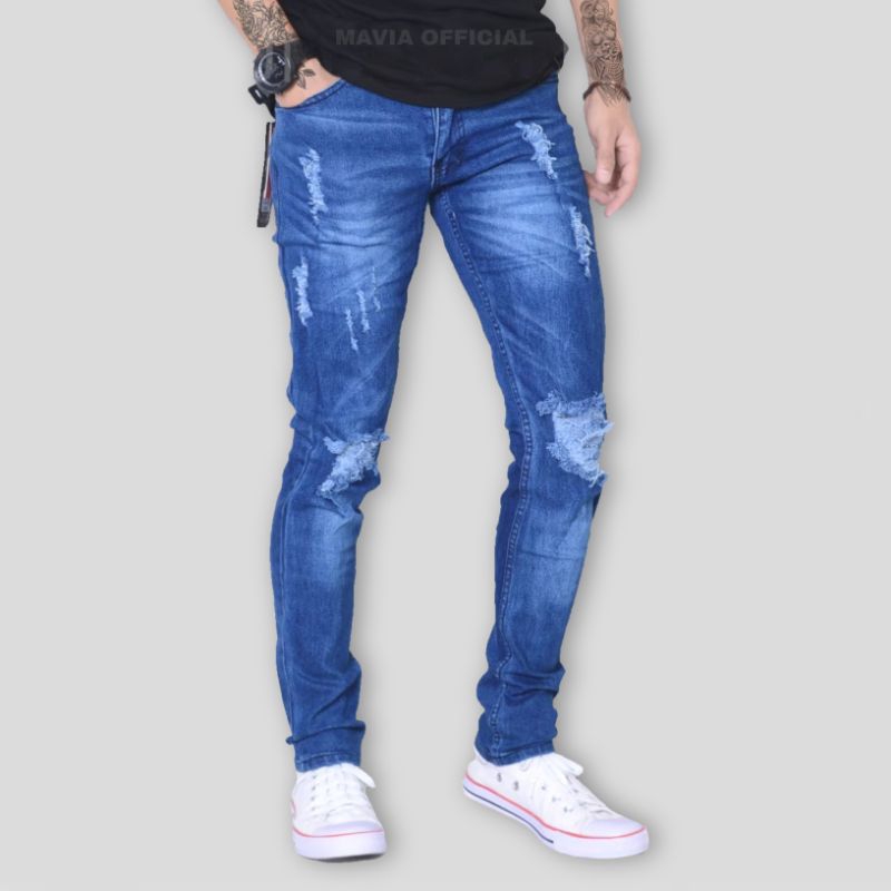 Mavia - Celana Panjang Jeans Motif Sobek Lutut Pants Jins Robek Lutut Bolong Tembus Bahan Denim