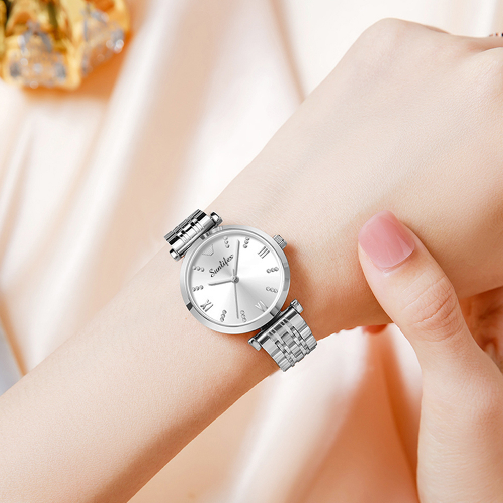Sunlifex Jam Tangan Wanita Berlian 9018 Original Anggun Santai Wanita Tali Stainless Steel Jam Tangan Cewek-8
