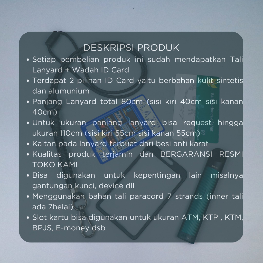 Lanyard ID Card Holder Plus Wadah Kalung Nametag Alumunium 2 Sisi Multifungsi Kantor Office Kaitan Besi Tactical Tali Paracord 4mm Premium Panjang Custom