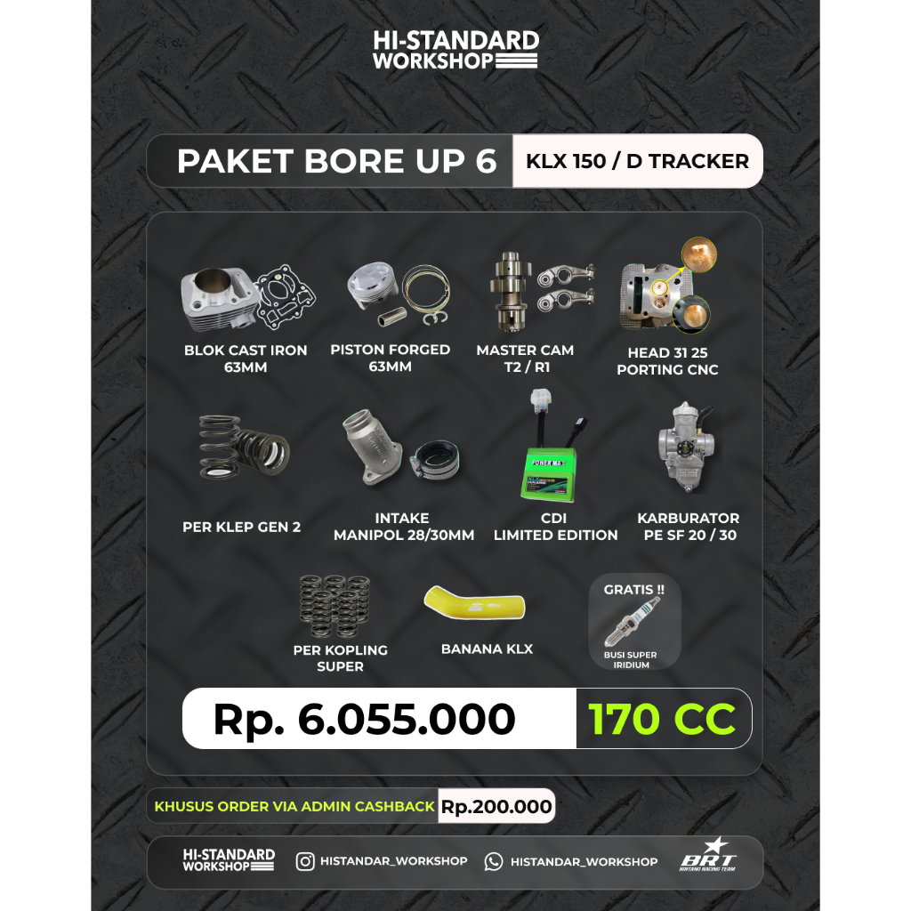 (KLX 150/D-TRACKER) PAKET BORE UP 6 FULL BRT  MASTER CAM  BUSI IRIDIUM  PER KOPLING BLOK CASTING 63 