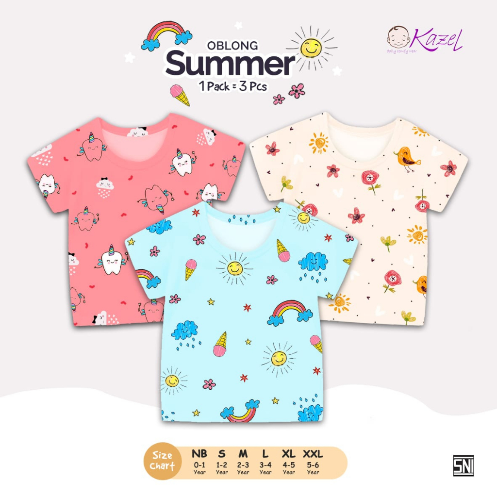 3PCS KAZEL TSHIRT OBLONG TIPIS BIRDIE / SUMMER EDITION 0-6 TAHUN KAOS OBLONG TIPIS / ATASAN SEHARI HARI ANAK PEREMPUAN