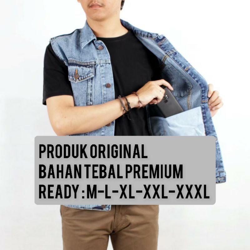 Jaket rompi jeans sandwash pria denim original M L XL XXL XXXL Big Size - Rompi Vest cowok sanwos de