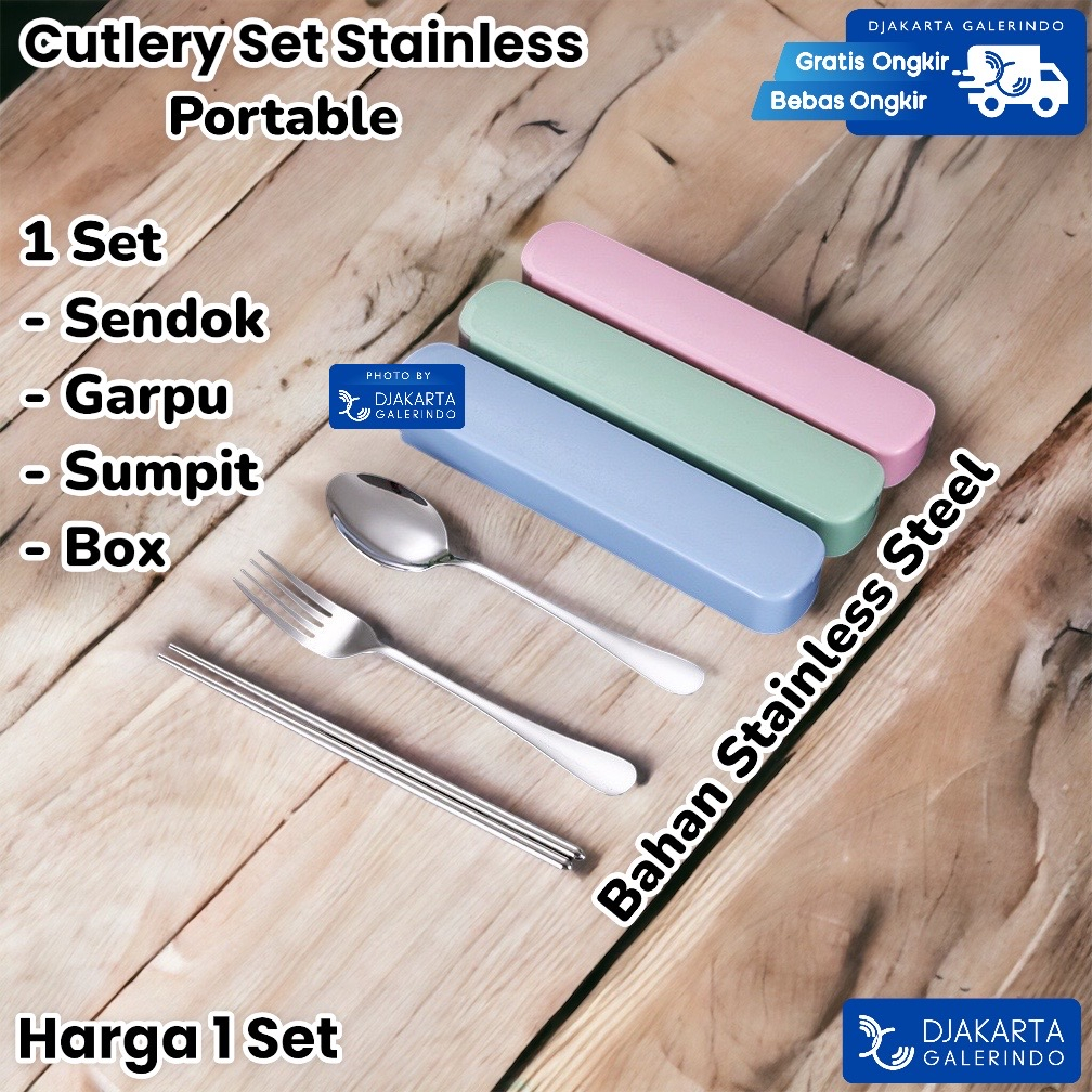 Stainless Steel Set Alat Makan Sendok Garpu Sumpit / Set Alat Makan Portable Travel