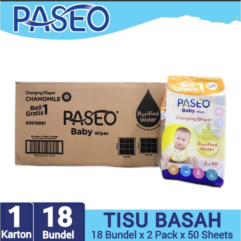 Tisu Basah Paseo 1 karton isi 18 bungkus 50+50