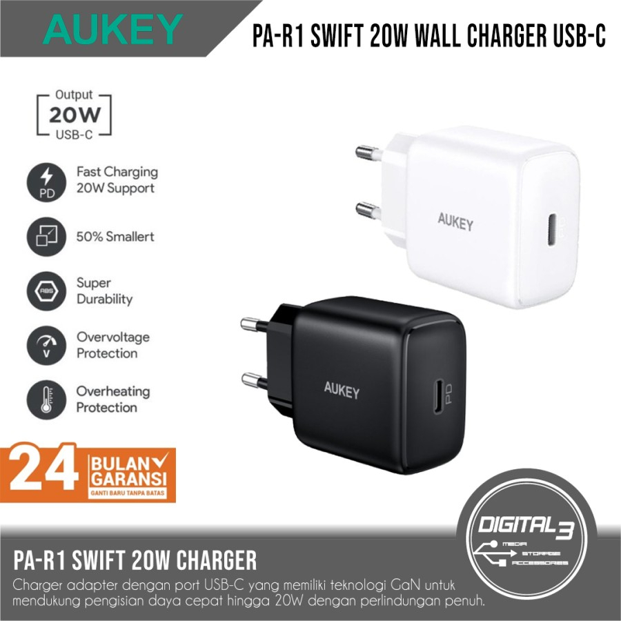 Aukey Charger PA-R1 Swift 20W USB Type C PD QC iphone Ipad - Hitam