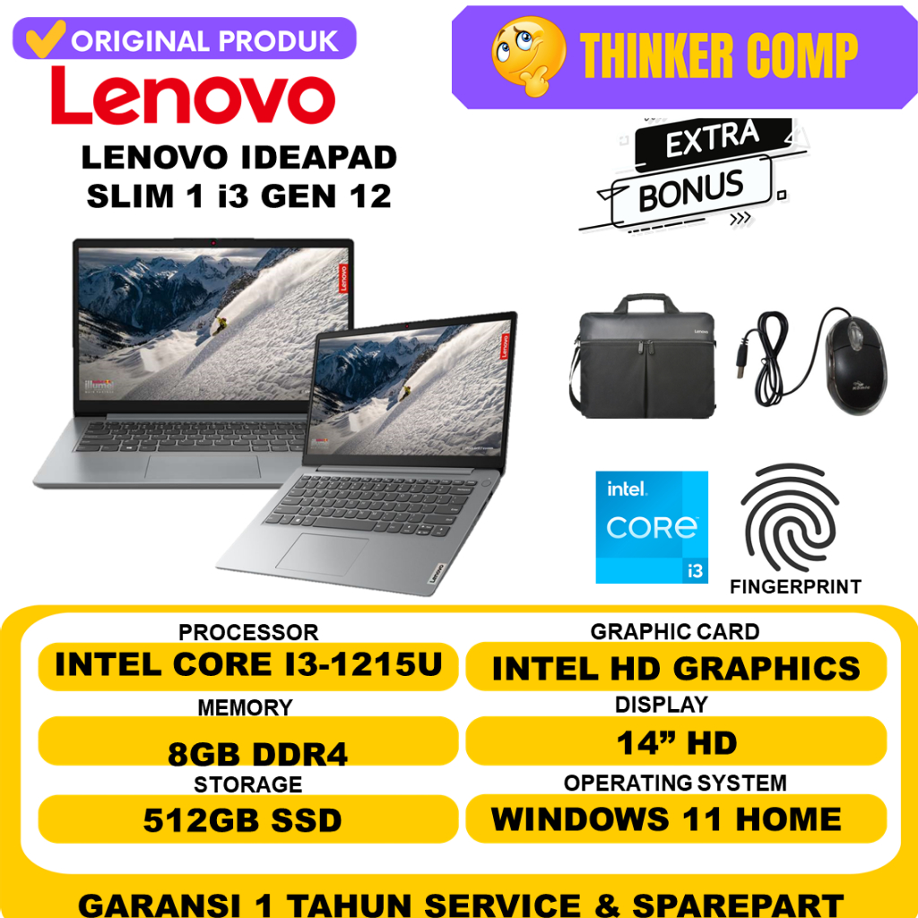 Laptop Murah Lenovo Ideapad Slim 1 Intel i3 1215U RAM 8GB SSD 512GB Windows 11 Original Terlaris