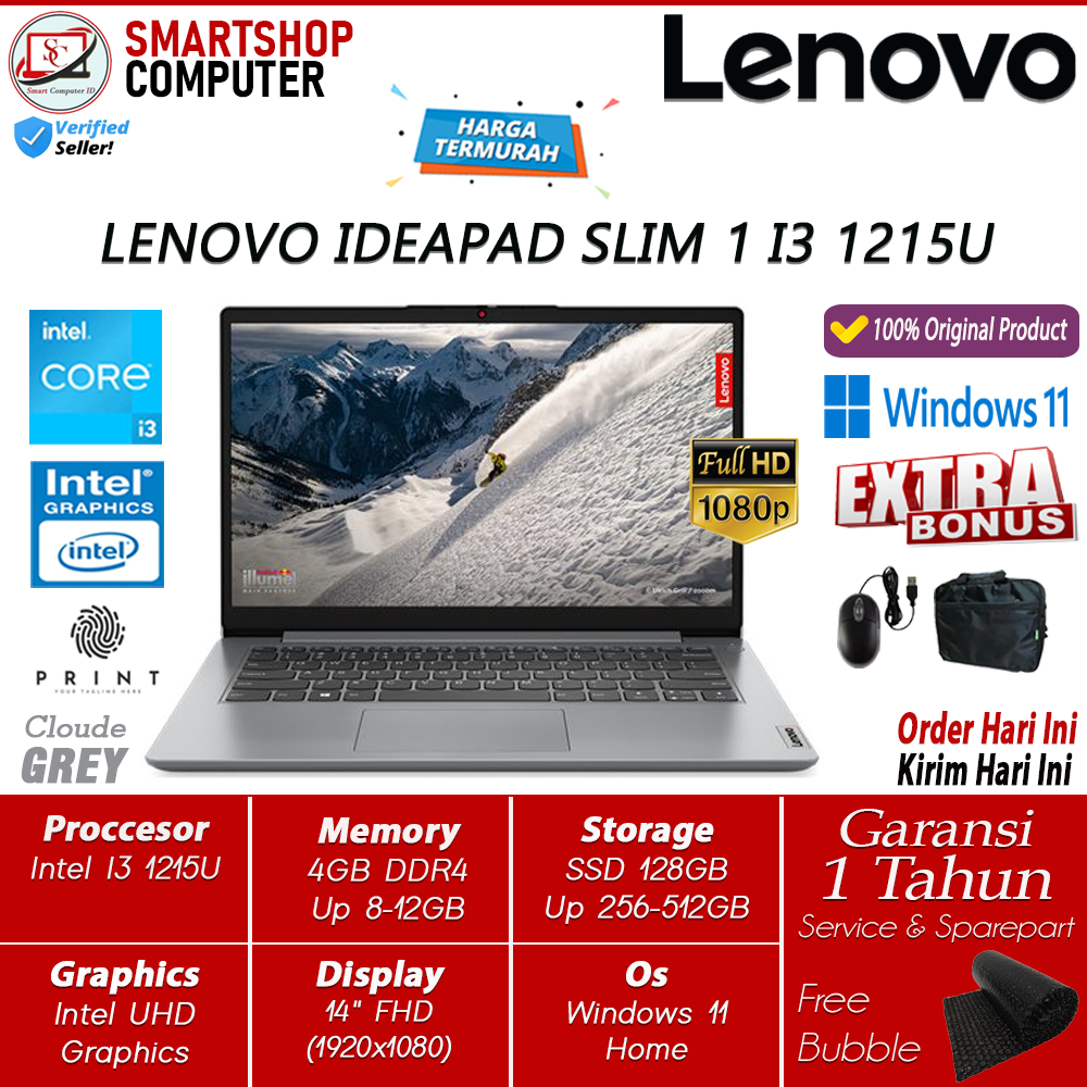 LAPTOP LENOVO IDEAPAD SLIM 1i INTEL I3 1215U 12GB 512GB SSD FHD WIN11 GREY