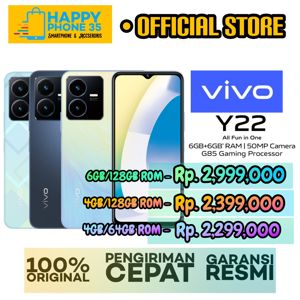 VIVO Y22 - RAM 6GB + 6GB Extended /128GB ROM - 50MP Camera - IP54 SPLASH WATERPROOF - GARANSI RESMI