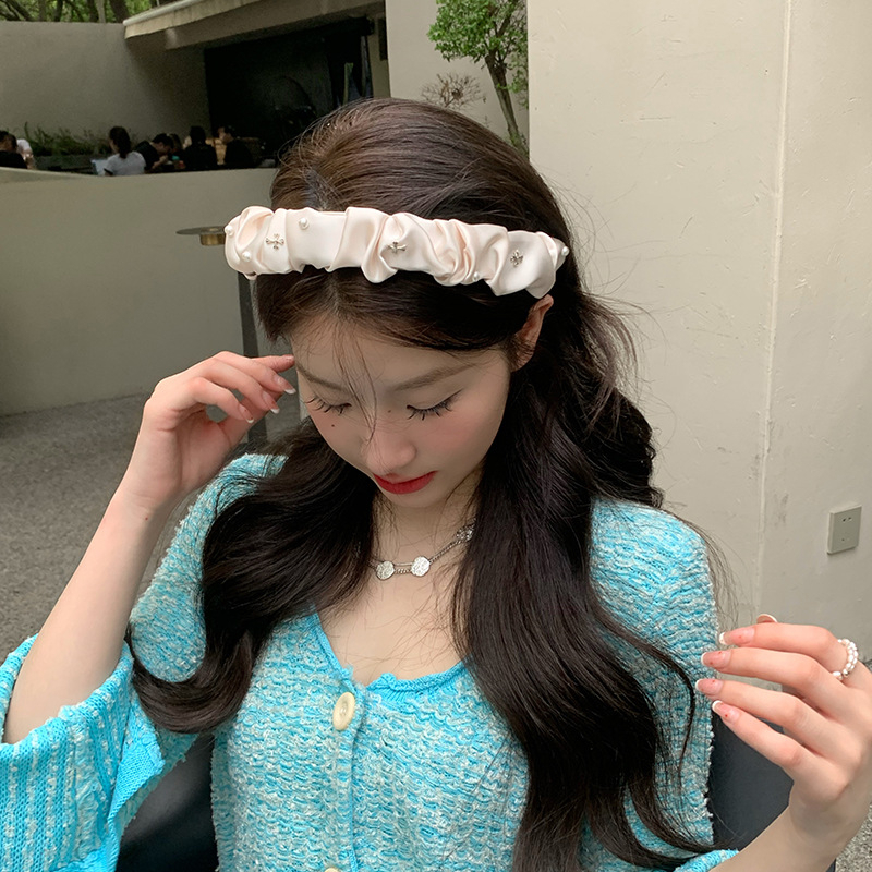 BANDO KAIN KERUT HIASAN MUTIARA SATIN SCRUNCHIE HEADBAND HAIRBAND WITH PEARL BENDO SILK SMOOTH LEMBUT HAIR HOOP KOREA KOREAN