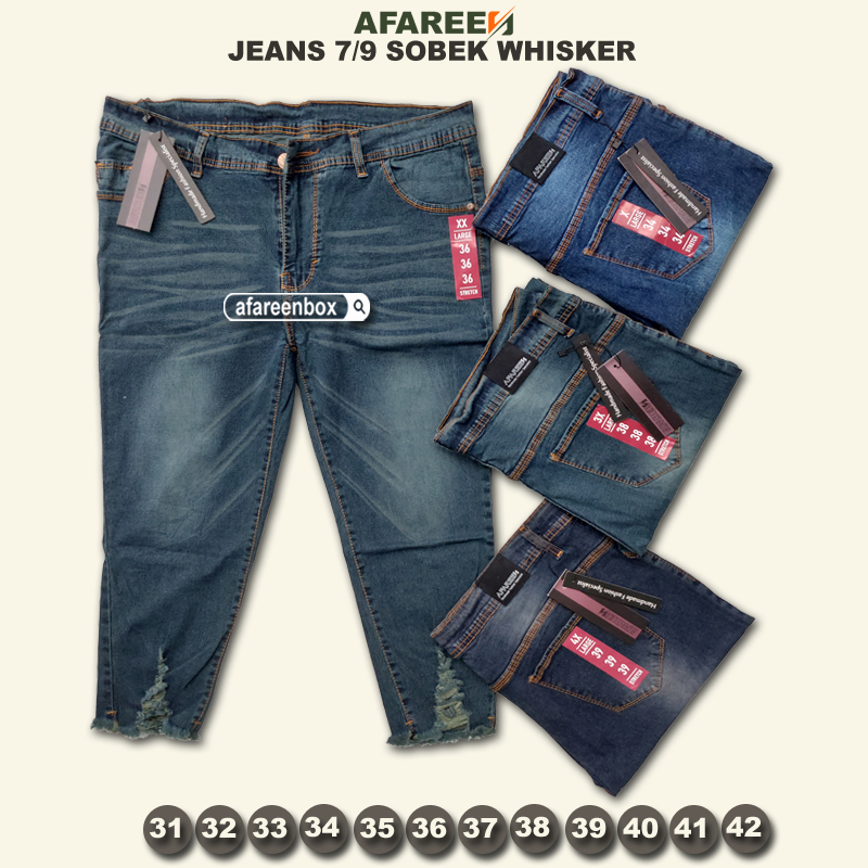 AFAREEN - Celana Jeans 7/9 Sobek Wisker Melar / Celana Jeans 79 Wanita Jumbo / Celana Jeans Wanita Big Size 31-42