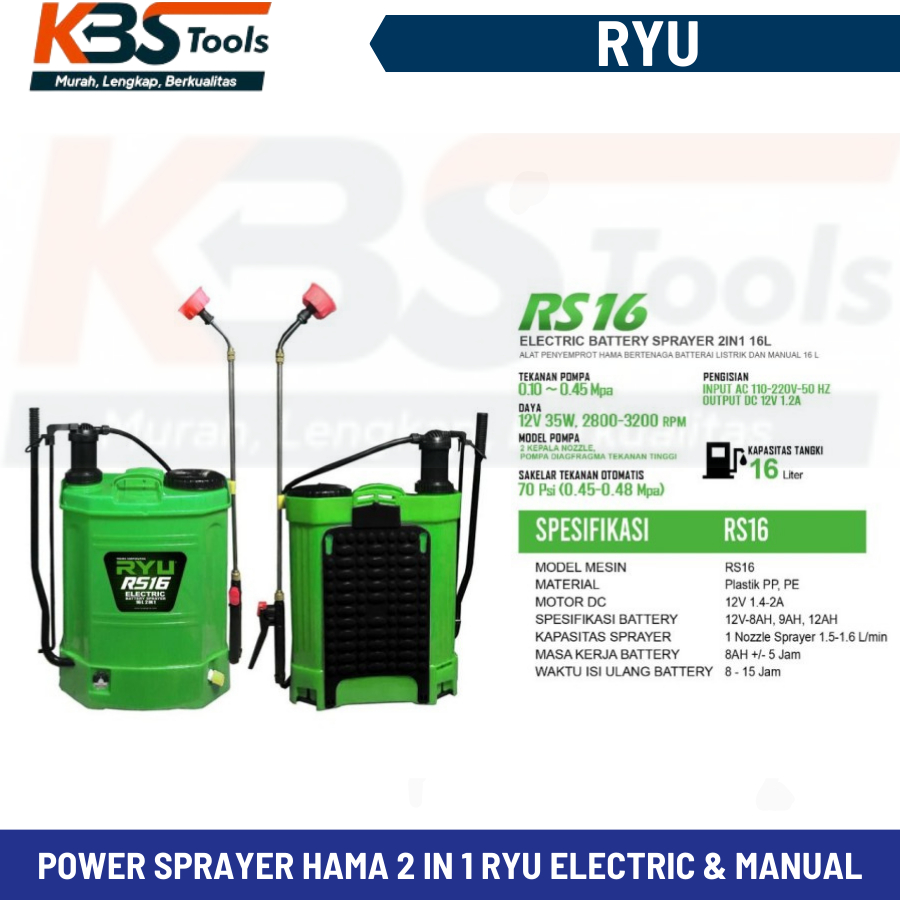 RYU Semprotan Hama 2 in 1 Electric dan Manual 16 Liter - Power Sprayer RS 16 RS16