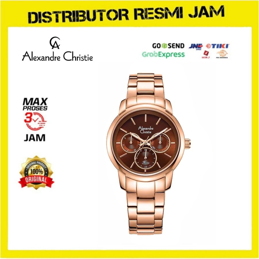 Jam Tangan Wanita Alexandre Christie AC2A34BF AC 2A34 Rosegold Brown