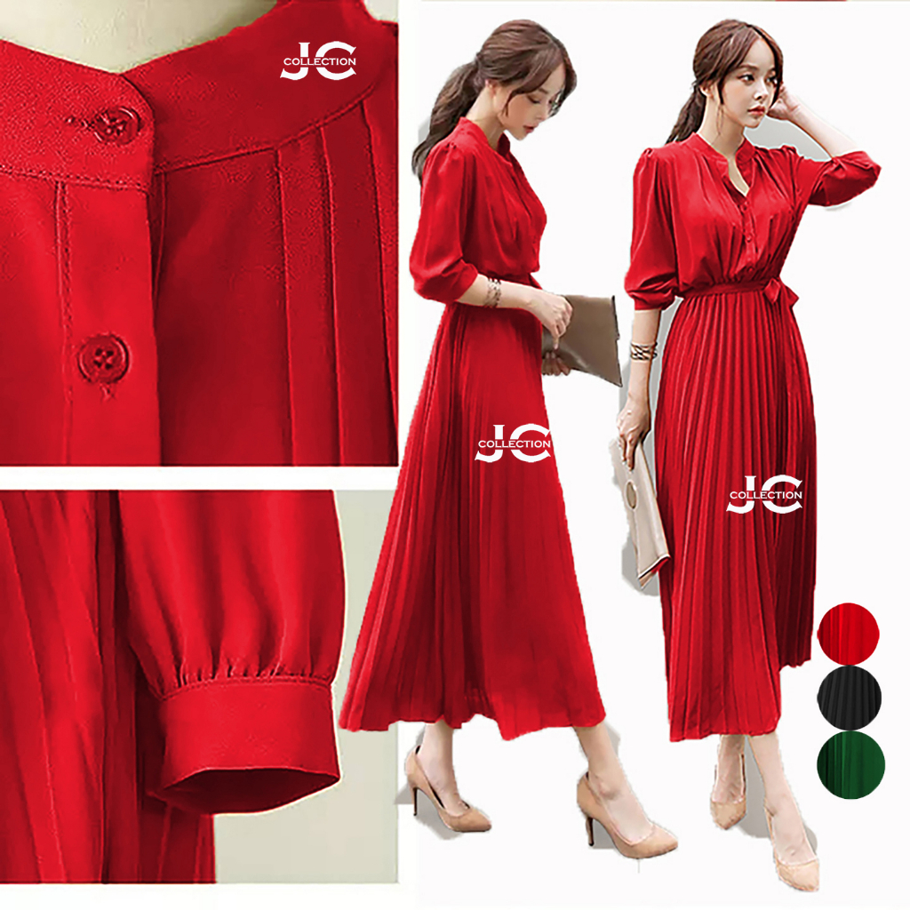 Long Dress Ploi plisket lengan panjang wanita gaya korea Peacce  - JCCollections