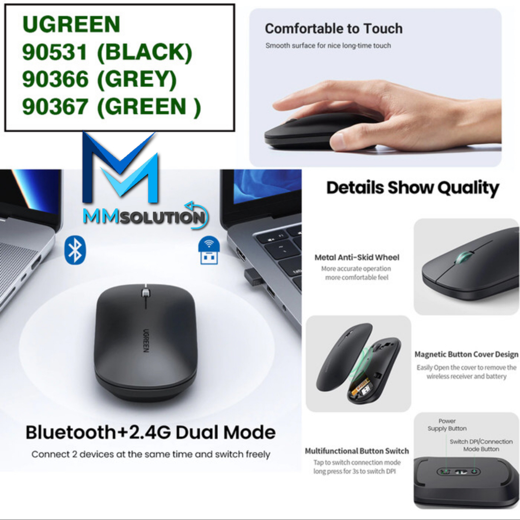 Ugreen Mouse Wireless &amp; Bluetooth Silent Slim 2.4G 4000 DPI Laptop