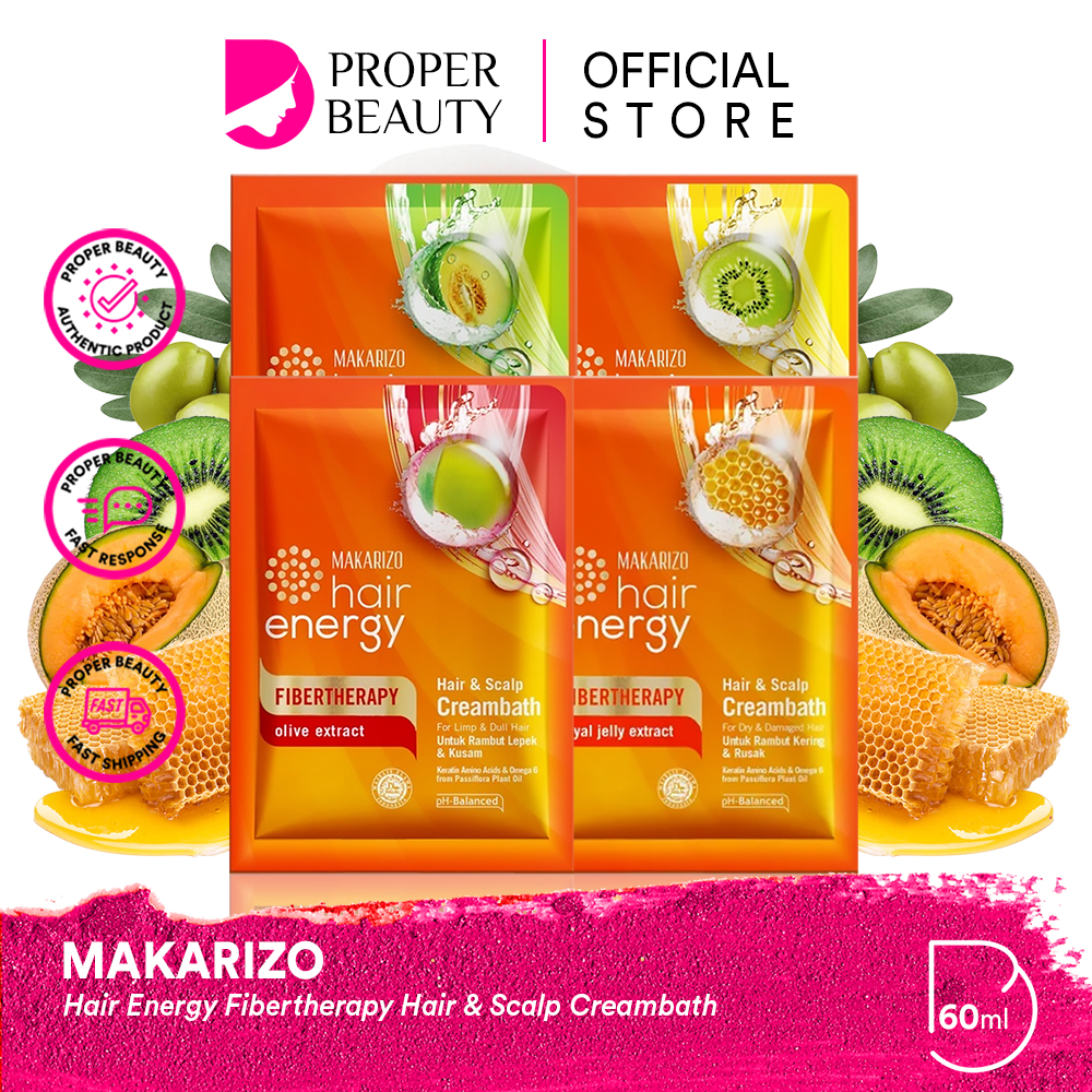 MAKARIZO Hair Energy Fibertherapy Hair &amp; Scalp Creambath 60ml Indonesia / Aloe &amp; Melon Kiwi Royal Jelly Olive Ginseng Extract / Perawatan Treatment Rambut Shampoo Conditioning Conditioner Kondisioner Pelurus / Masker Vitamin / Skincare Care Paket Series