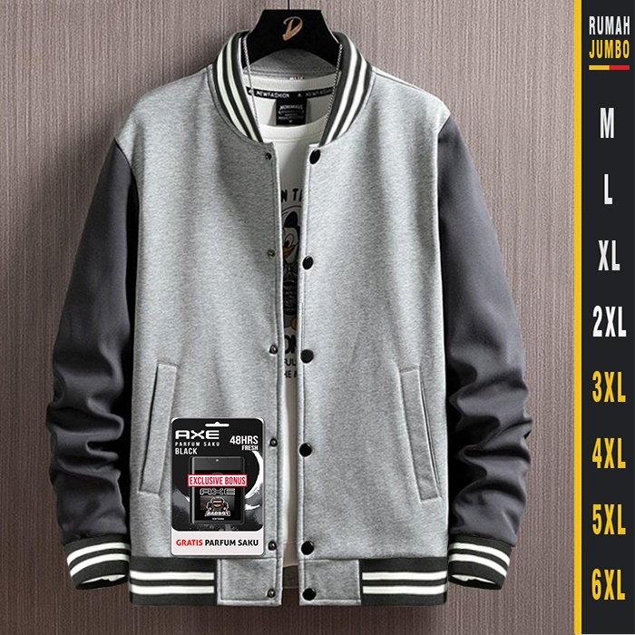 Jaket Bomber Varsity Grey Oversize XXL - 6XL Sweater Baseball Pria Wanita Jumbo Big Size