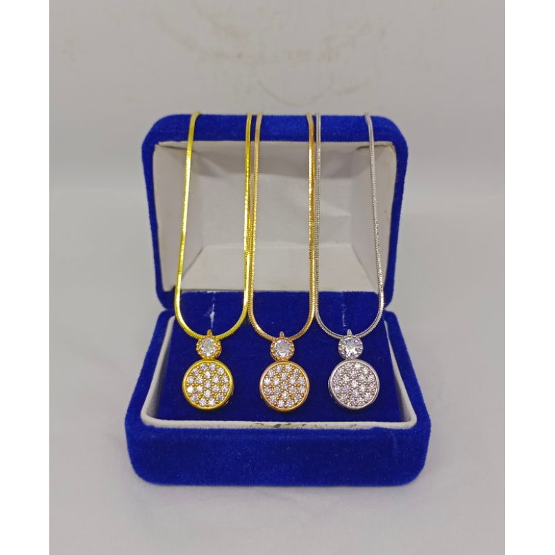 kalung itali santa &amp; kasandra dewi + liontin solitaire mp+ bulat mp full model tusuk / kalu g perak asli silver 925 lapis emas/ kalung fashion wanita terbaru