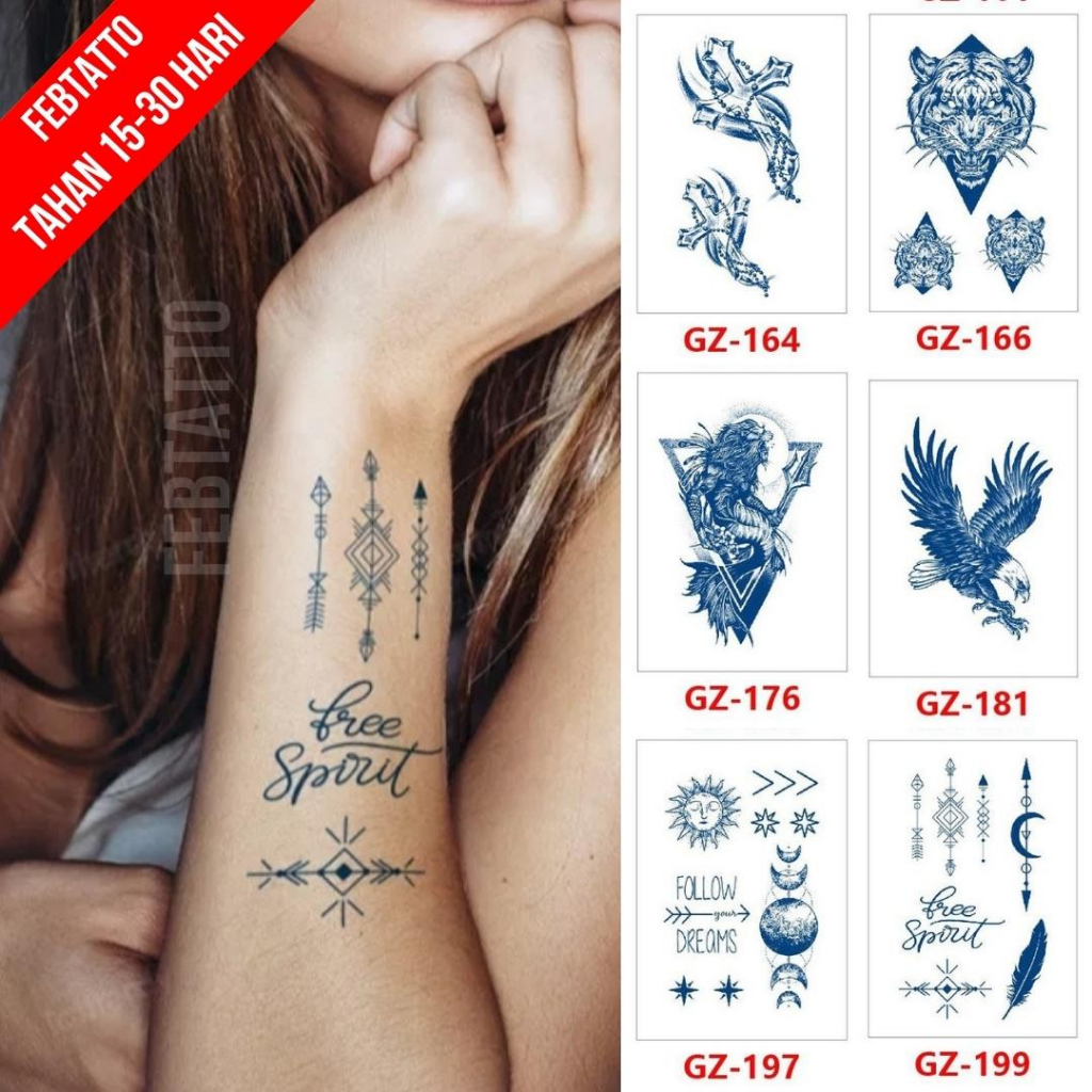 Tato Semi Pemanent Tahan 1 Bulan Ukuran 11cmx18cmTato Lengan Tato Dada Tato tangan Tato Kaki Tato Punggung Tato Jari  Motif Aesthetic Tatto Temporary Stiker Tato Halal Grosir Tato air motif salib, harimau, burung garuda, matahari, bulan, panah GZ 199