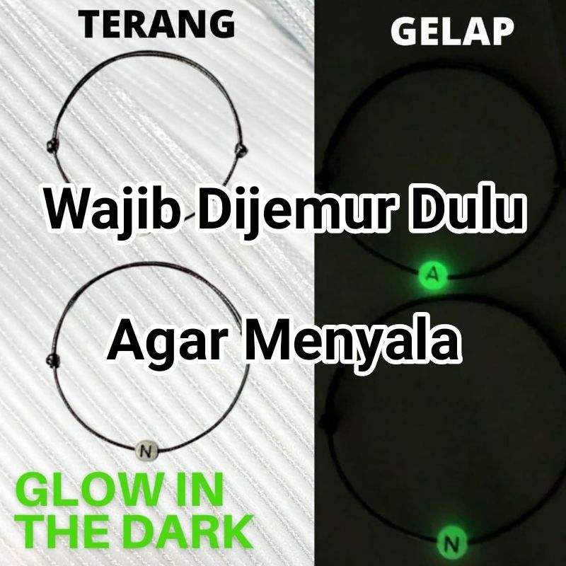 GELANG INISIAL HURUF GLOW IN THE DARK GREEN UNSKIIN MANIK BULAT TALI KOREA 1 MM (XSEMPLAR)