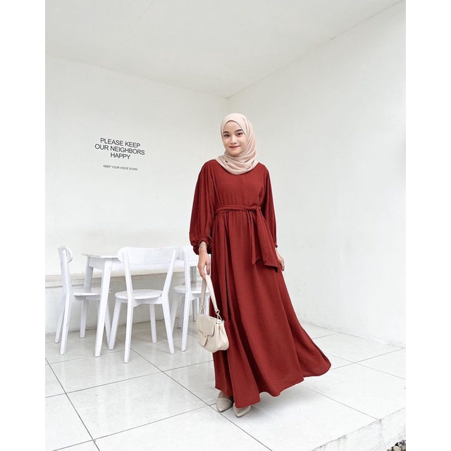 Revalisha Dress Busui Wanita Terbaru Aksen Tali Pinggang Tangan Balon Dres Remaja Muslim Bahan Polo Linen Premium Import Korean Style Jumbo Baju Lebaran Wanita Muslimah Motif Polos Kekinian Terbaru 2023