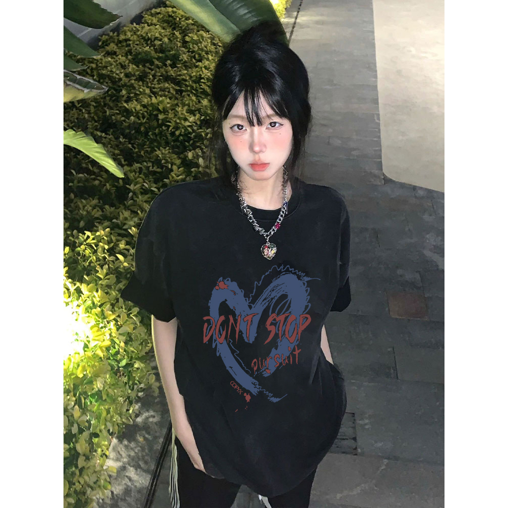 EUNII T-shirt Lengan Pendek Black Washed Vintage Blue Heart Printing Korean Style/Kaos Atasan Wanita/Baju Wanita/Kaos Wanita