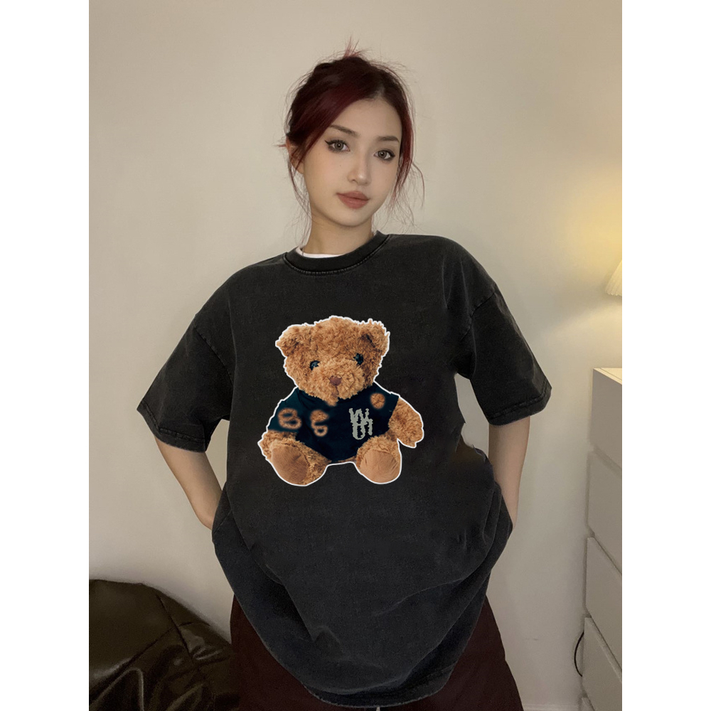 EUNII T-shirt Lengan Pendek Black Washed Retro Cartoon Plush Bear Printing Korean Style/Kaos Atasan Wanita/Baju Wanita/Kaos Wanita